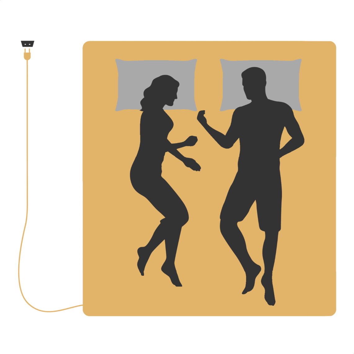 Illustration of two people on an earthed fitted sheet covering the whole bed, 200 x 160 x 30 cm