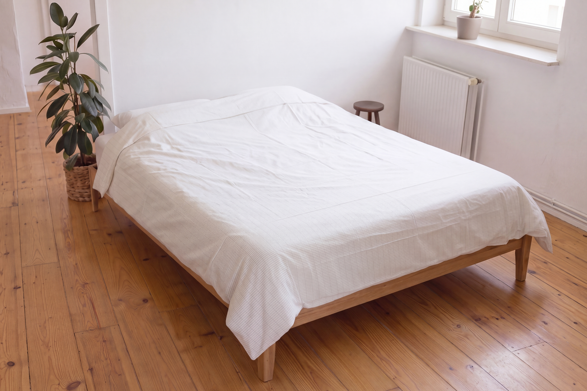 Earthle earthing duvet cover on a double bed by the window, 240 x 220 cm