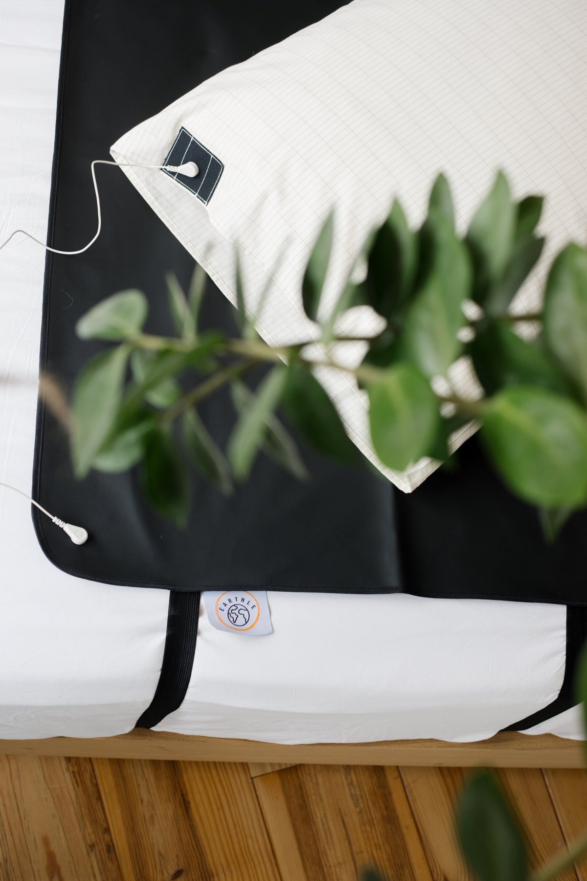 Earthing sleeping mat and pillowcase on a double bed, with the earthing cable and a houseplant