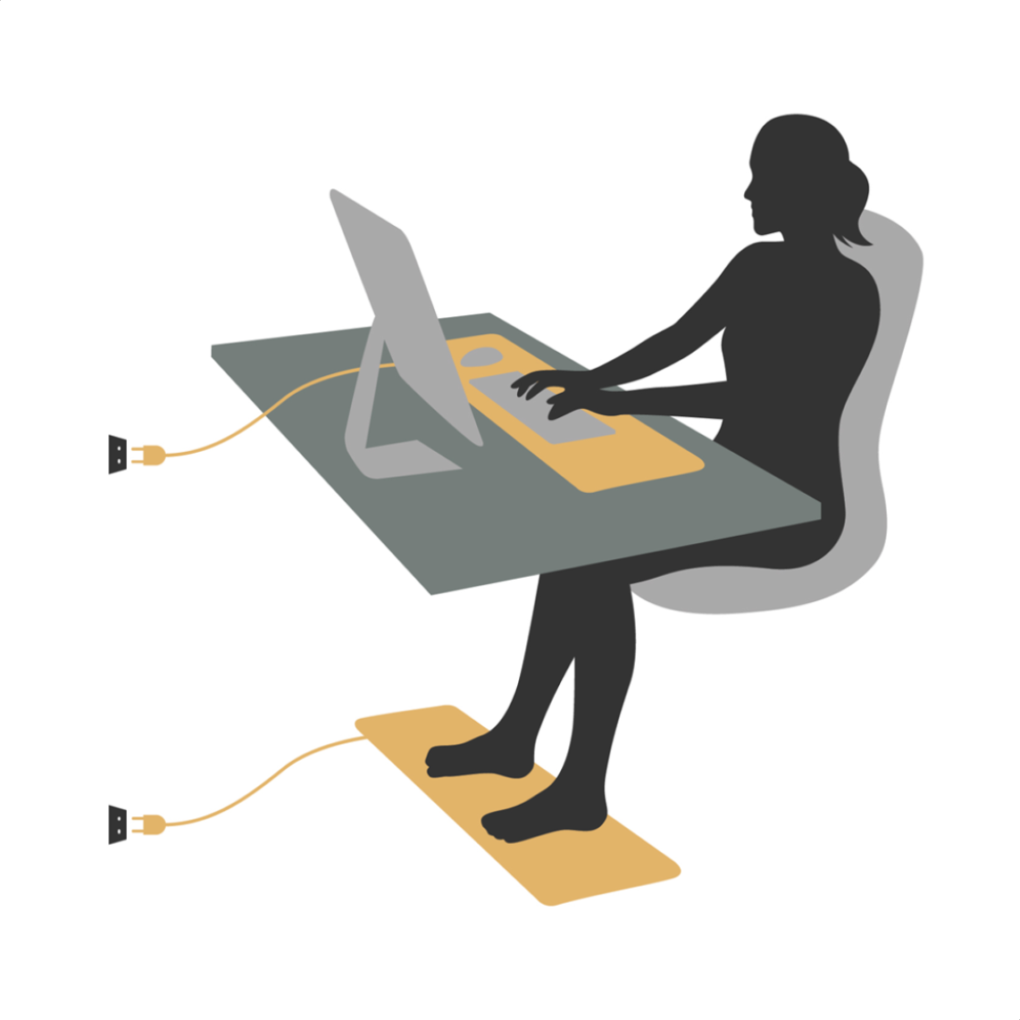 Illustration of someone at a desk with an earthed mat under their hands and a second one under their feet