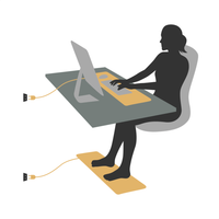 Illustration of someone at a desk with an earthed mat under their hands and a second one under their feet