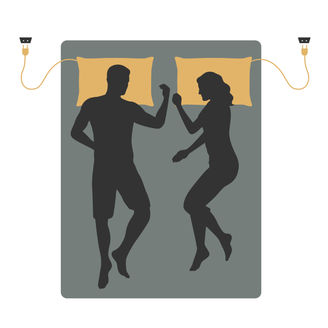 Illustration of two people in bed, each with an earthed pillowcase connected to the socket