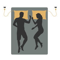 Illustration of two people in bed, each with an earthed pillowcase connected to the socket