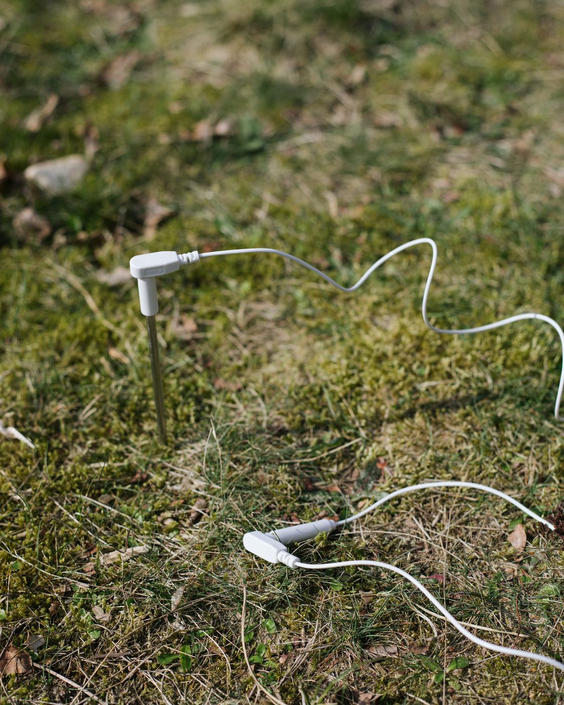 Aardingspin in het gras met de kabel eraan