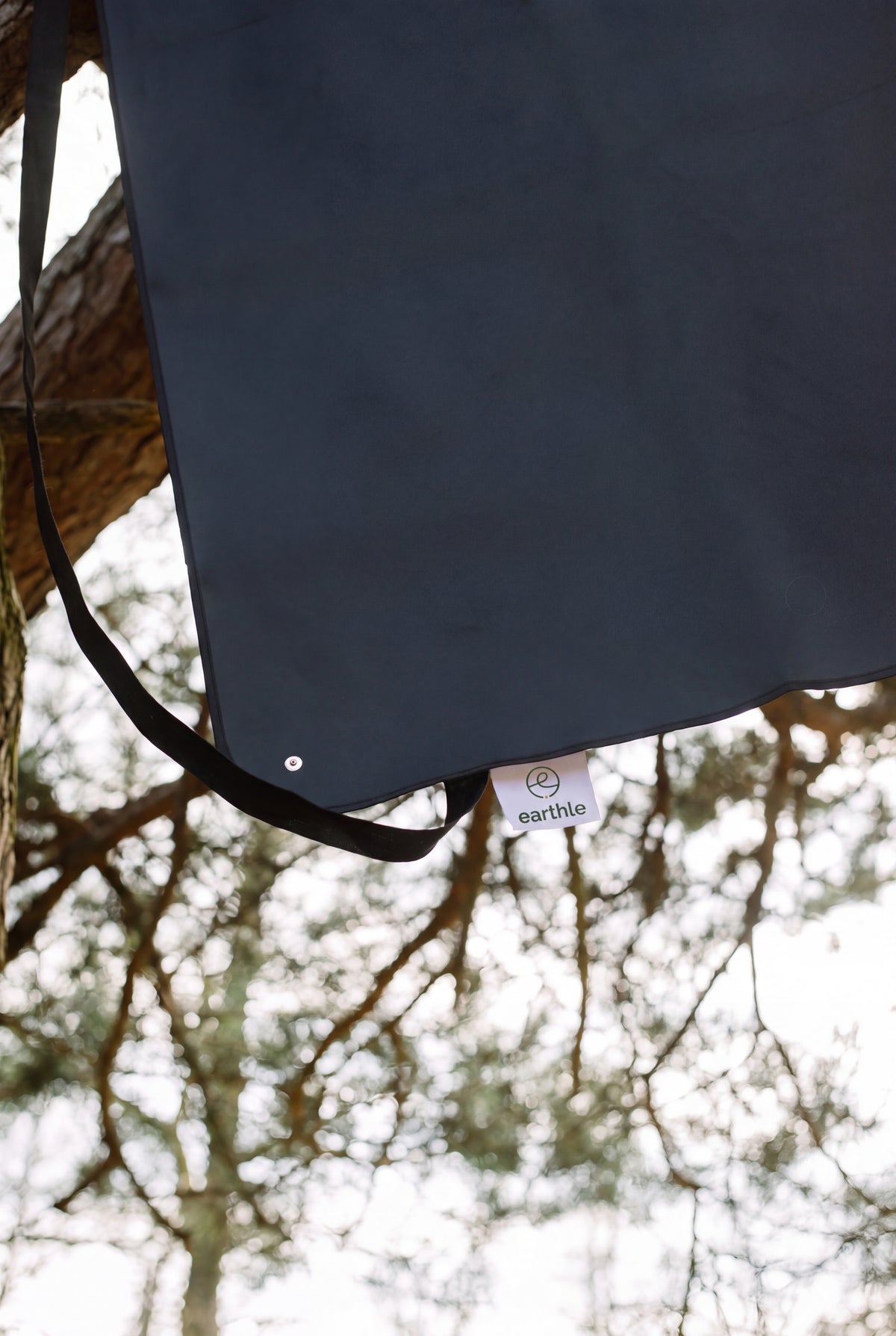 Earthle earthing sleeping mat hanging on a pine branch in the forest, 185 x 137 cm