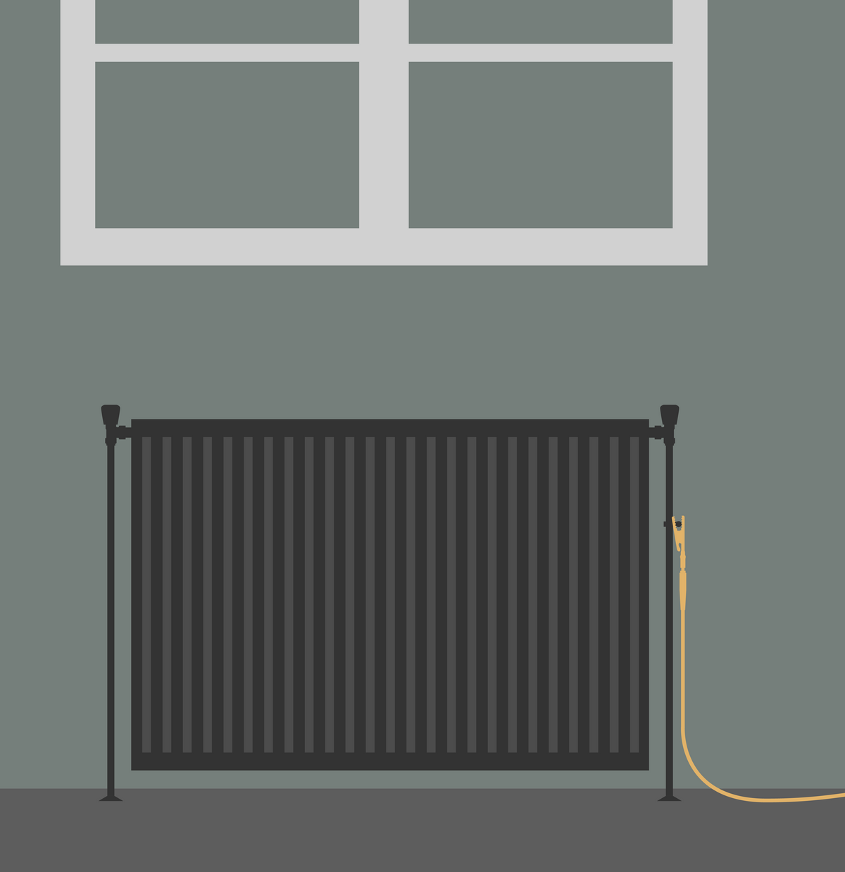 Illustration of a radiator with the earthing clip attached and the cable running into the room