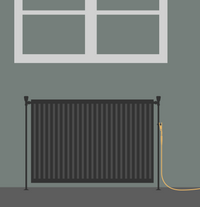 Illustration of a radiator with the earthing clip attached and the cable running into the room
