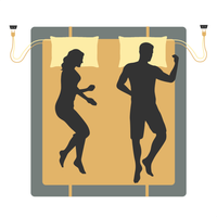 Illustration of two people on one wide earthed sleeping mat, each with their own pillowcase