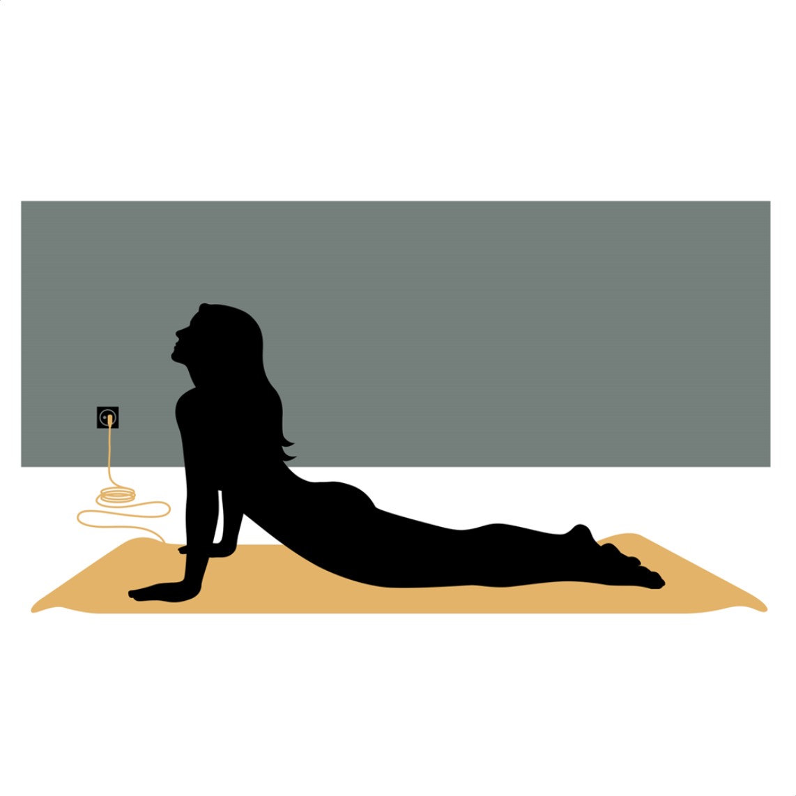 Illustration of someone exercising on an earthed yoga mat, with the cable running to the socket